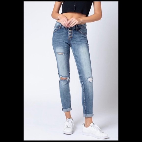 New! Kancan Girlfriend distressed Button Up Denim Jean - Picture 6 of 8